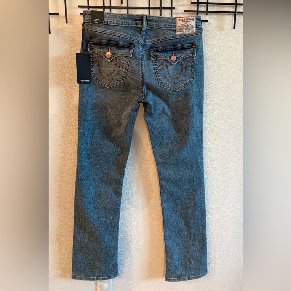 True Religion Billie Mid Rise Straight Jeans Light Wash Pink Stitch NWT Size 30